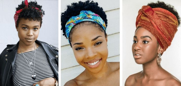 A imagem mostra três mulheres negras com cabelos naturais estilizados com lenços ou turbantes. Cada uma tem um visual distinto: a primeira usa um lenço vermelho com um look casual e moderno, a segunda tem um lenço azul estampado e um sorriso radiante, e a terceira usa um turbante elegante em tons quentes, transmitindo sofisticação.
