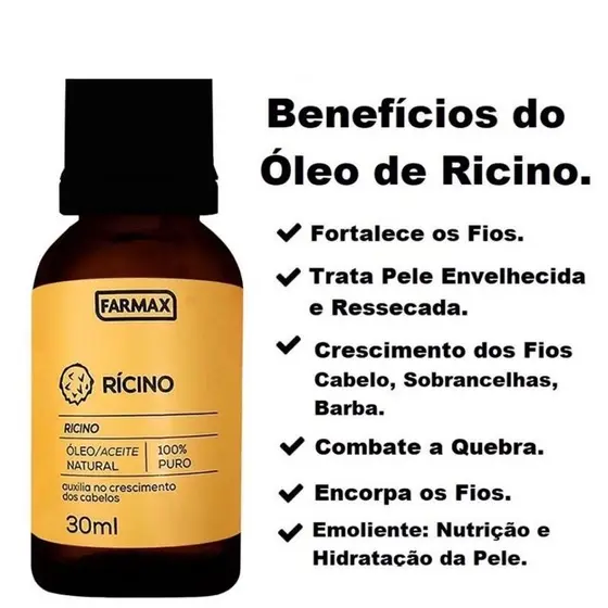 A imagem exibe um frasco de óleo de rícino da marca Farmax, com um rótulo amarelo e preto destacando que o produto é 100% puro e natural ideal para fazer umectação capilar. Ao lado, há uma lista de benefícios do óleo, incluindo fortalecimento dos fios, hidratação da pele, combate à quebra e estímulo ao crescimento de cabelo, sobrancelhas e barba. A embalagem contém 30 ml do produto.