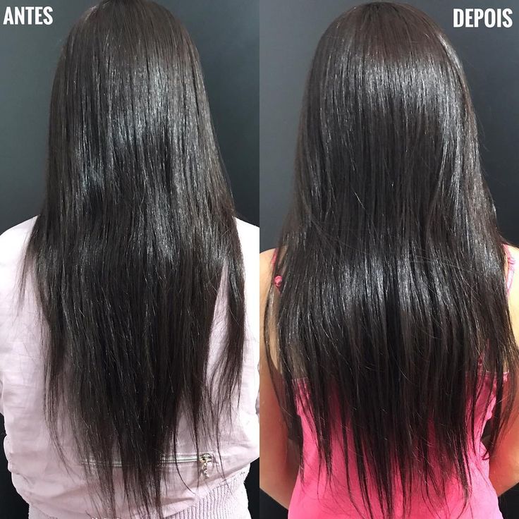 A imagem apresenta um comparativo de cabelo "Antes" e "Depois". No lado esquerdo (Antes), o cabelo parece mais seco, com pontas irregulares e menos brilho. No lado direito (Depois), o cabelo está mais alinhado, com aparência hidratada, fios mais disciplinados e brilho intenso. A mudança sugere um tratamento capilar.